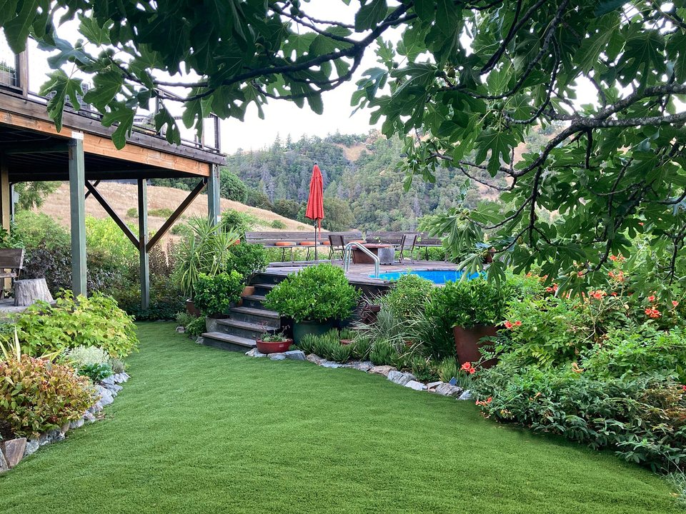 Back lawn and pool seen from the Main House deck